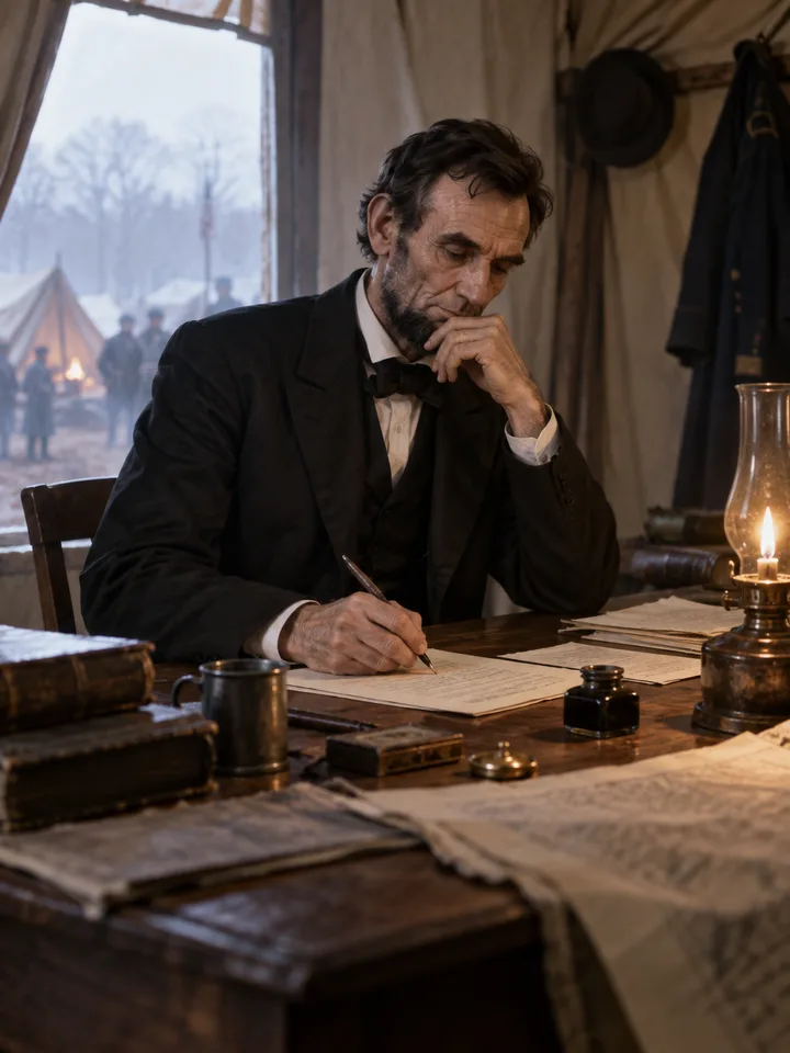 Photorealistic editorial illustration of Abraham Lincoln Papers: Lincoln-Authored Documents in the Prokopton42.com Library