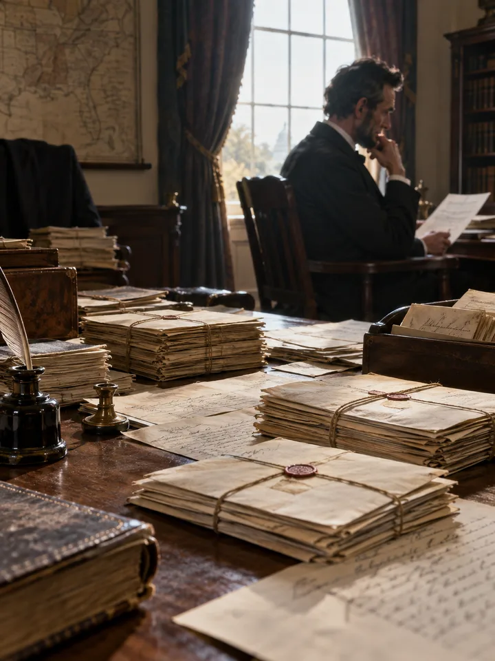 Photorealistic editorial illustration of Abraham Lincoln Papers: Incoming and Contextual Documents in the Prokopton42.com Library