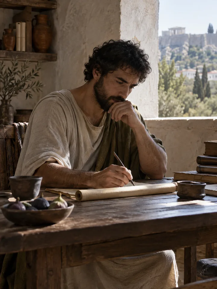 Photorealistic editorial illustration of Nicomachean Ethics in the Prokopton42.com Library