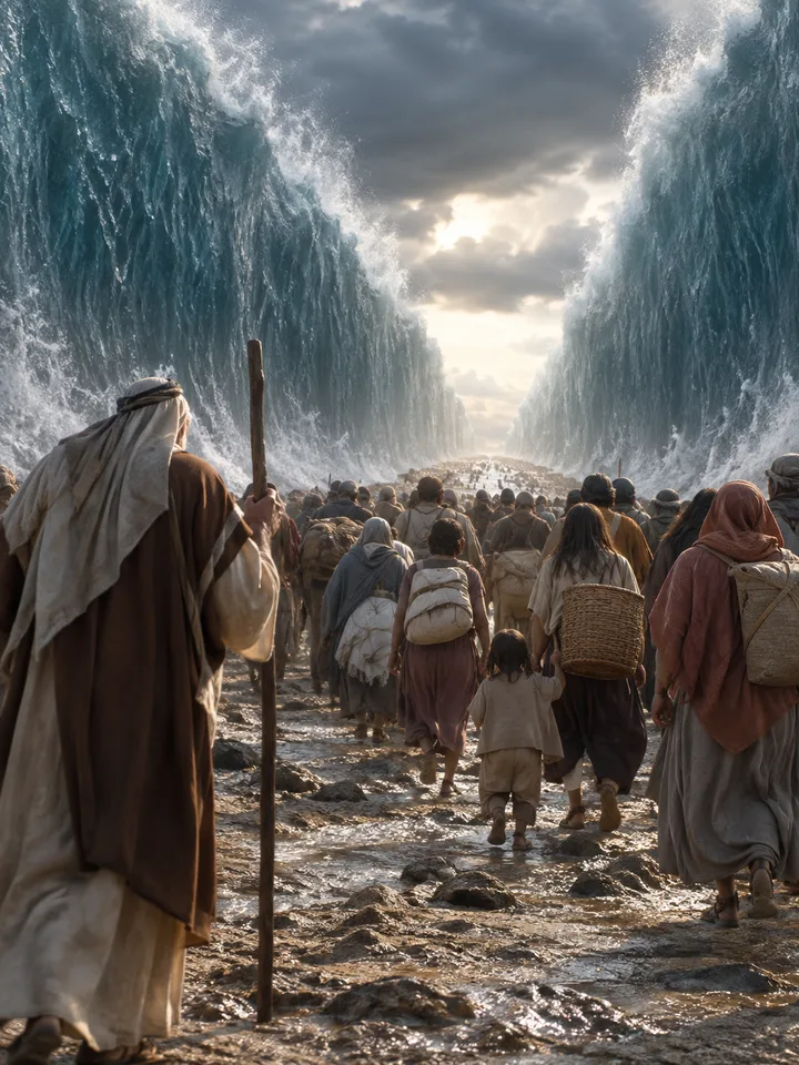 Photorealistic editorial illustration of Exodus in the Prokopton42.com Library