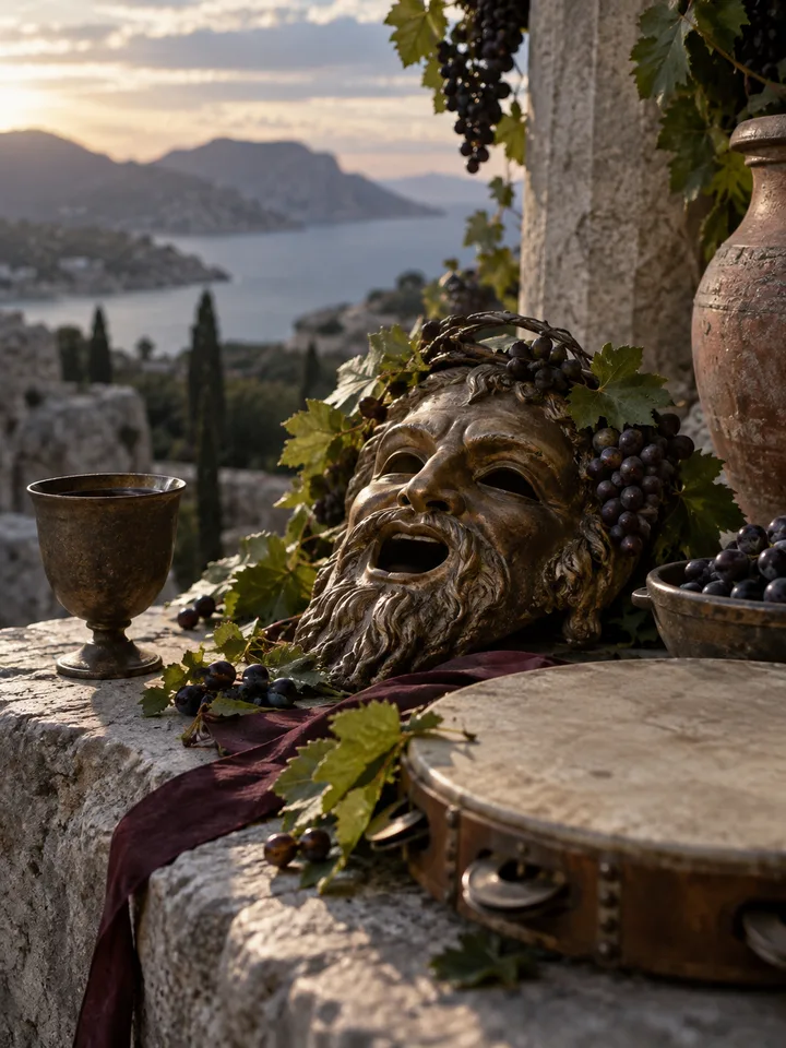 Photorealistic editorial illustration of Dionysian Dithyrambs in the Prokopton42.com Library