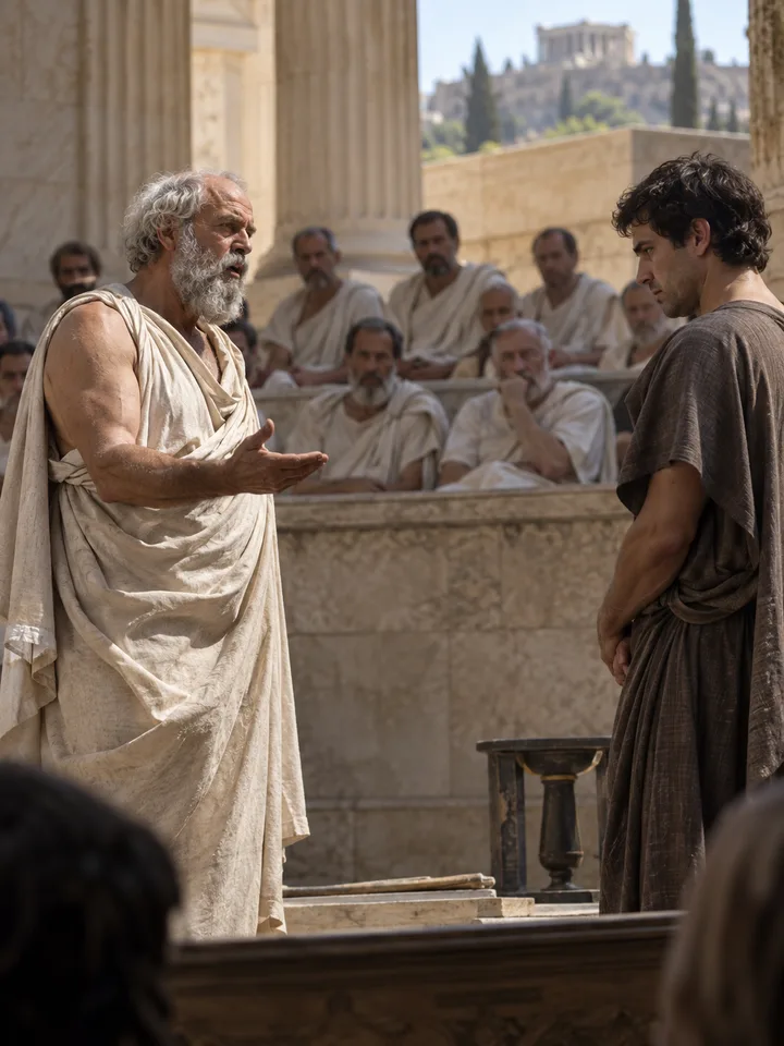 Photorealistic editorial illustration of Apology of Socrates in the Prokopton42.com Library