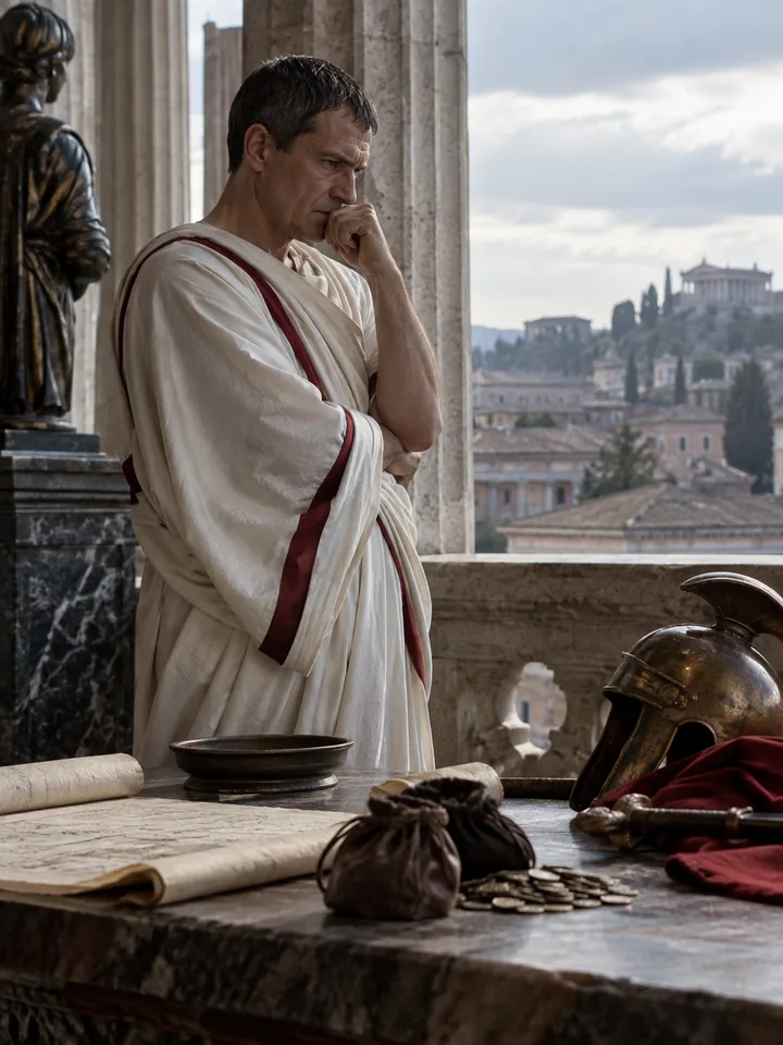 Photorealistic editorial illustration of Cato the Younger in the Prokopton42.com Library