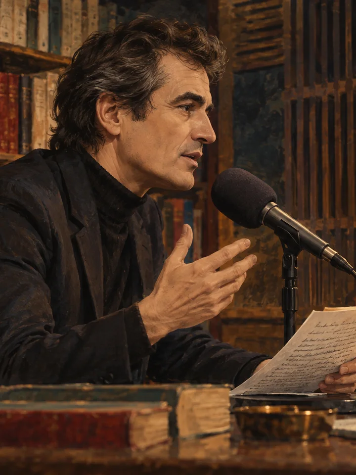 Photorealistic editorial illustration of Interview on The Philosopher on Call in the Prokopton42.com Library