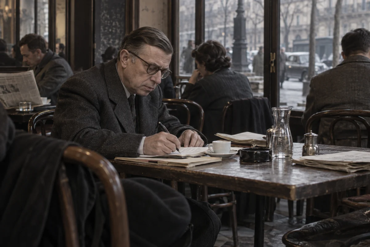 Writing in a Paris cafe · Jean-Paul Sartre · Prokopton42.com