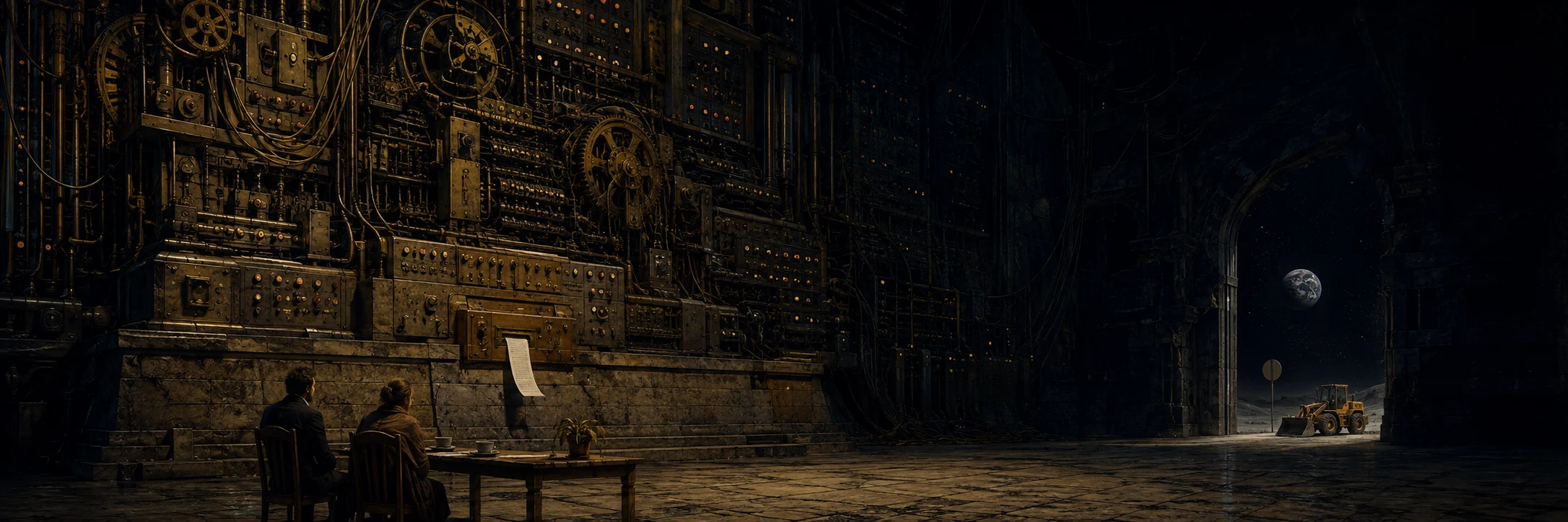 Two tiny people wait below an enormous calculating machine. A short paper strip emerges while Earth and a construction vehicle appear in the distance.