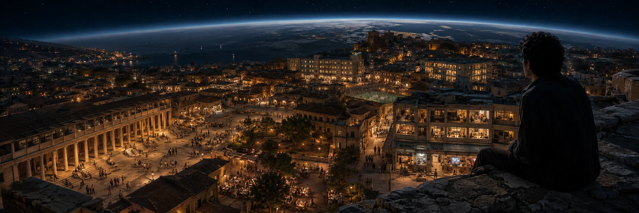A person looks down on a living city where an ancient agora meets contemporary streets and buildings beneath the curve of Earth.