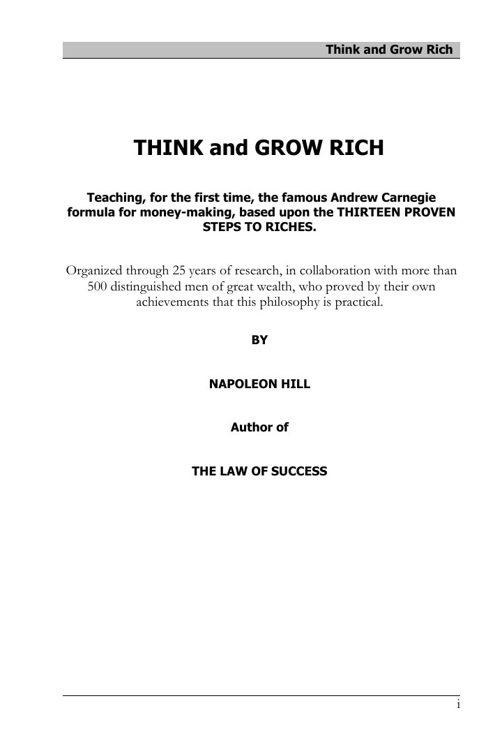 Cover extracted from the PDF of Think and Grow Rich, by Napoleon Hill, 2006 edited digital reproduction